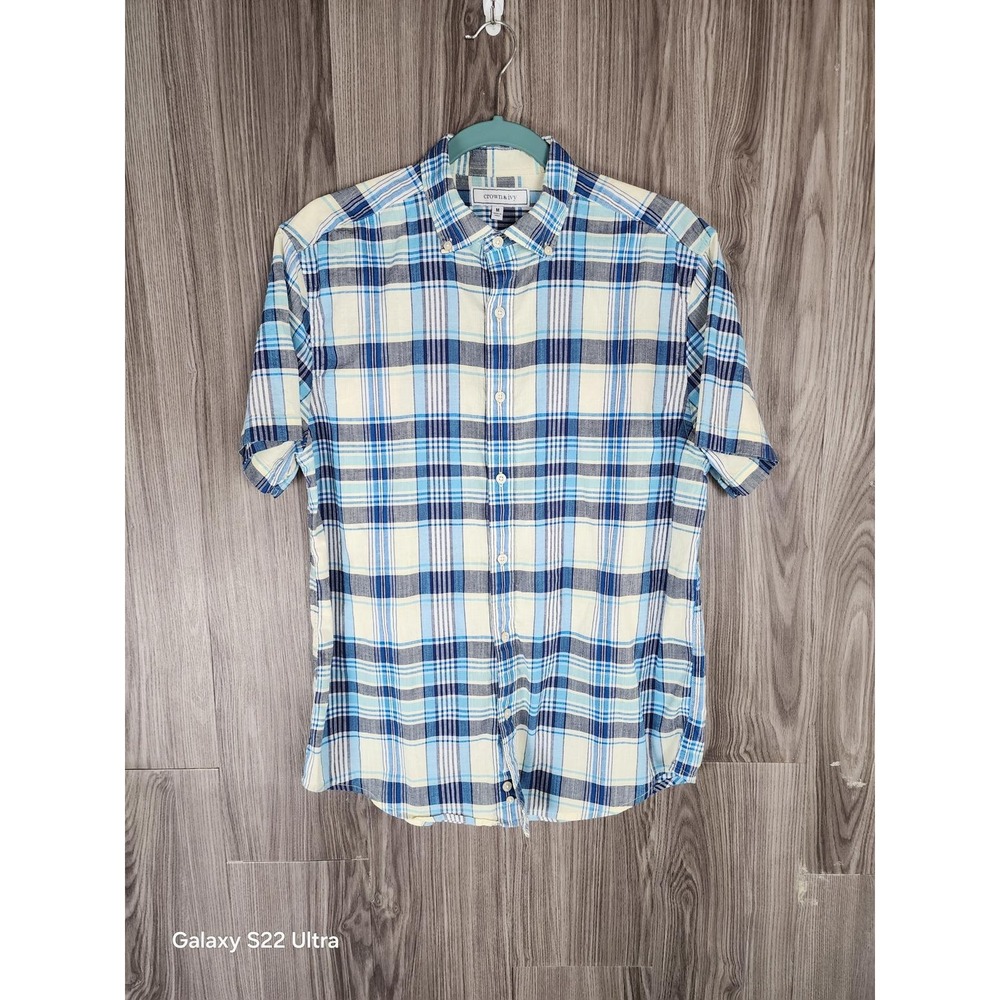 Crown & Ivy Mens Blue Cream Plaid Short Sleeve Button Down Shirt Size M